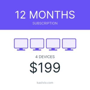 Kastvio IPTV subscription card for 4 devices over 12 months, priced $199.
